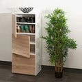 MDF shoe cabinet with open shelves and sliding door, showing shoes; light wood finish