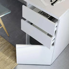 White desk side view with two open shelves and drawer unit, 120x50x75cm