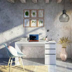 White MDF desk with 3 drawers and side cabinet, 120x50x75cm