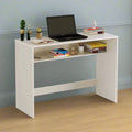 White MDF desk with open shelf and central compartment, laptop on top