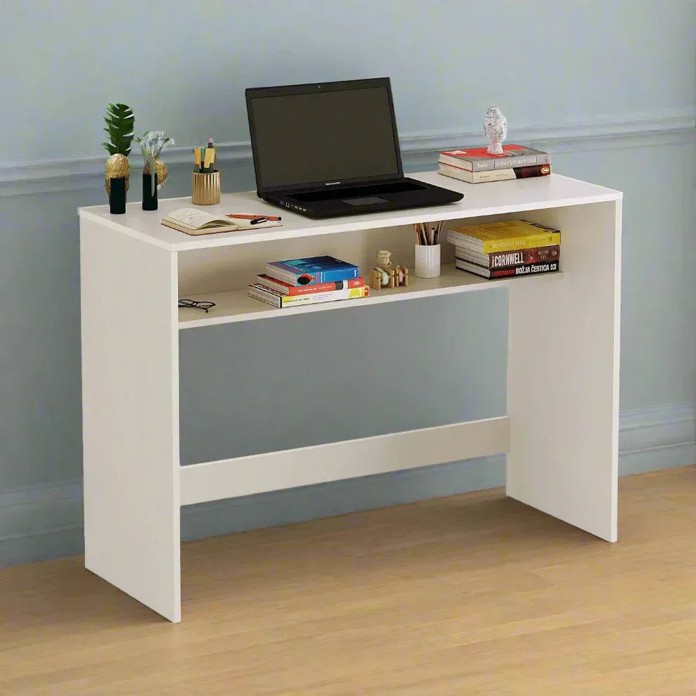 White MDF desk with open shelf and central compartment, laptop on top