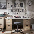 Light wood MDF desk with two drawer cabinets, open center, and chair