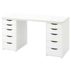 White MDF desk with multiple drawer units on both sides and black drawer handles