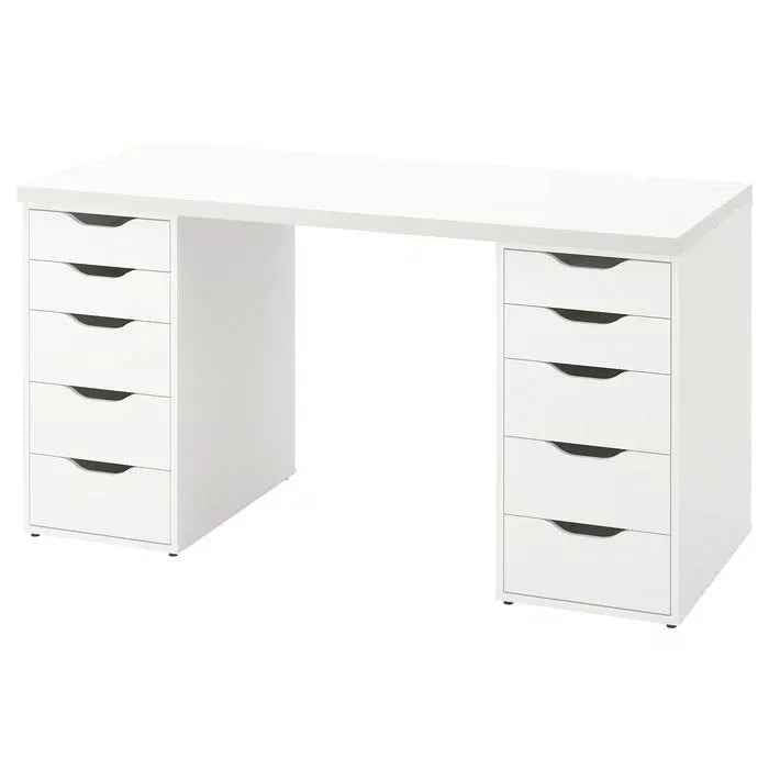 White MDF desk with multiple drawer units on both sides and black drawer handles