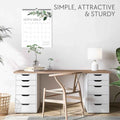 Light wood-top desk with white drawer pedestals, multiple black pull handles