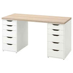 Wood desktop with white cabinet desk, six drawer fronts with black handles