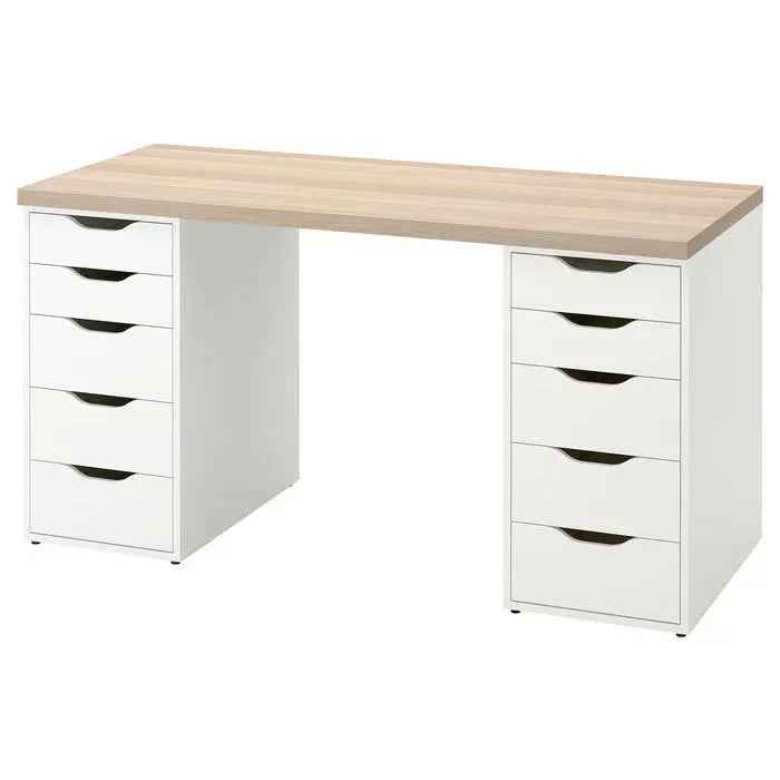 Wood desktop with white cabinet desk, six drawer fronts with black handles