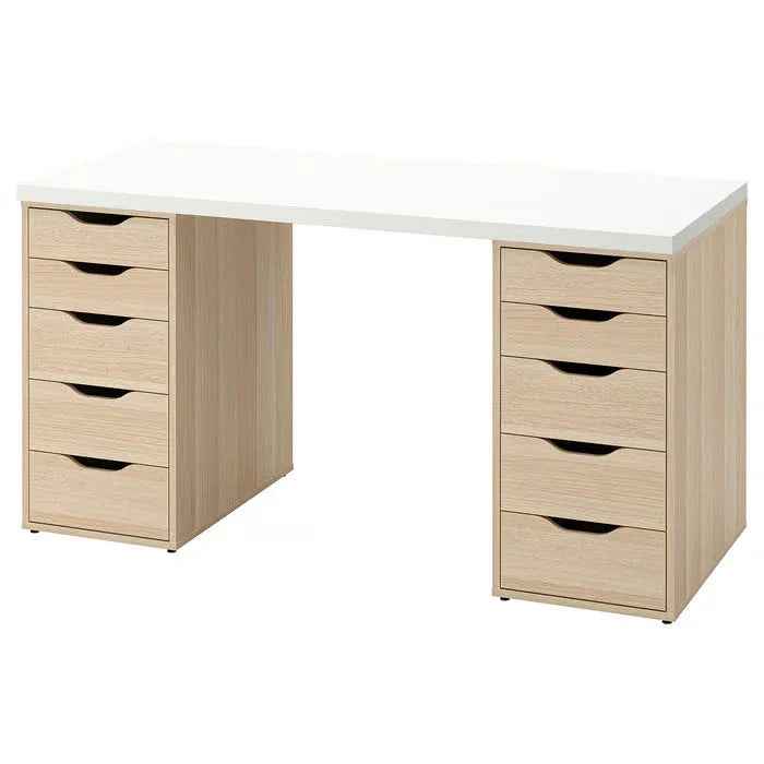 Light wood MDF desk with wide tabletop and four pull-out drawers, side cabinets