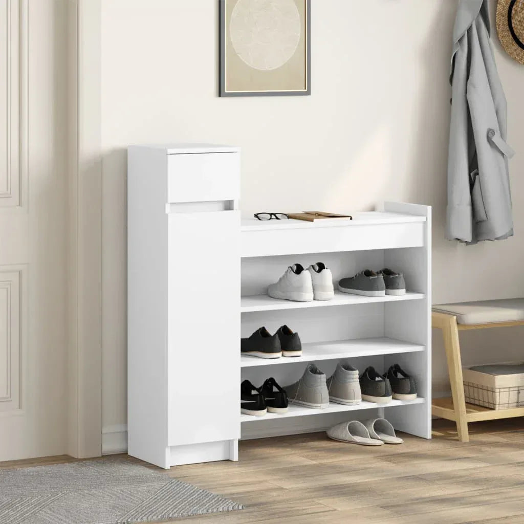 White MDF shoe cabinet with four-tier open shelves for neatly storing shoes