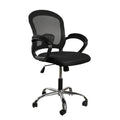 Black office chair with mesh back, padded seat, armrests, and wheeled base