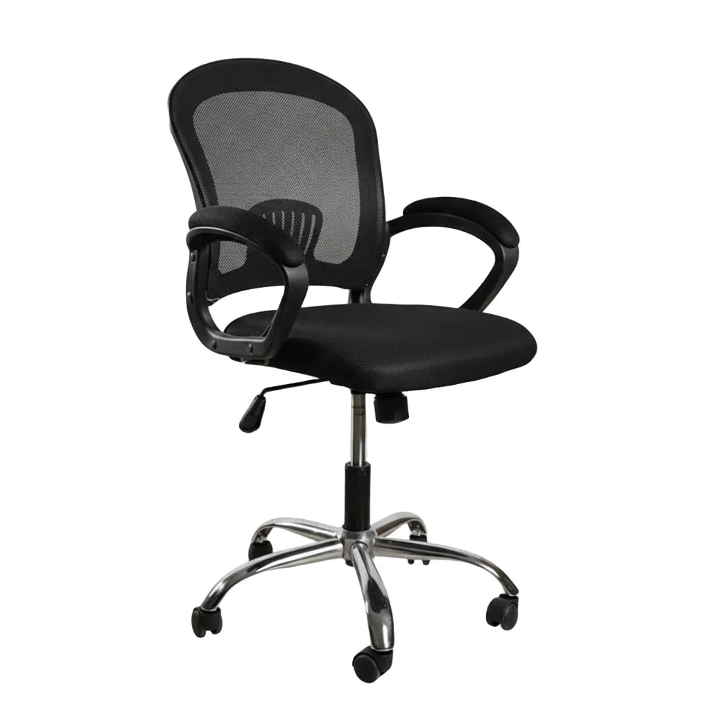 Black office chair with mesh back, padded seat, armrests, and wheeled base
