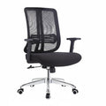 Black office chair with mesh back, padded seat, armrests, and chrome wheeled base