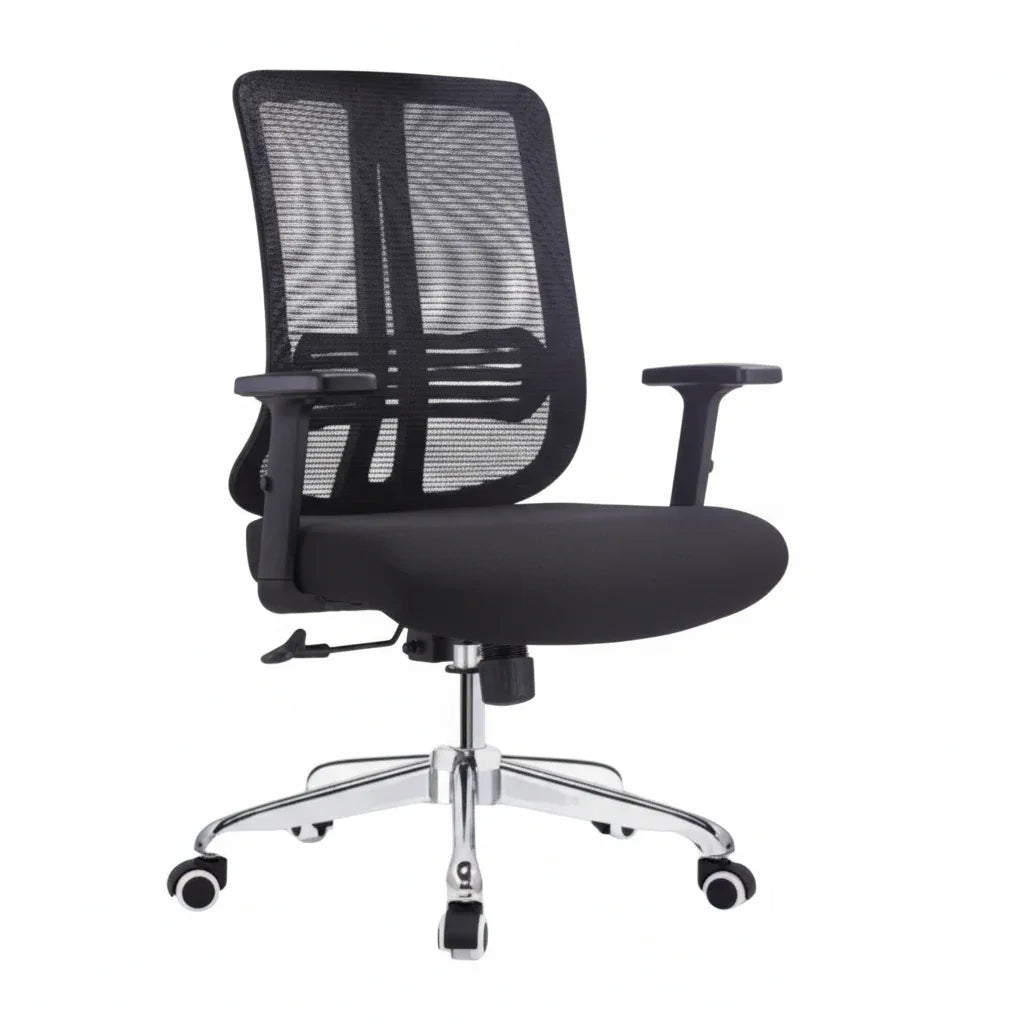 Black office chair with mesh back, padded seat, armrests, and chrome wheeled base