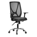 Black mesh office chair with armrests, padded seat and chrome base casters