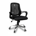 Black office chair with grid-pattern back, padded seat, armrests, and chrome caster base