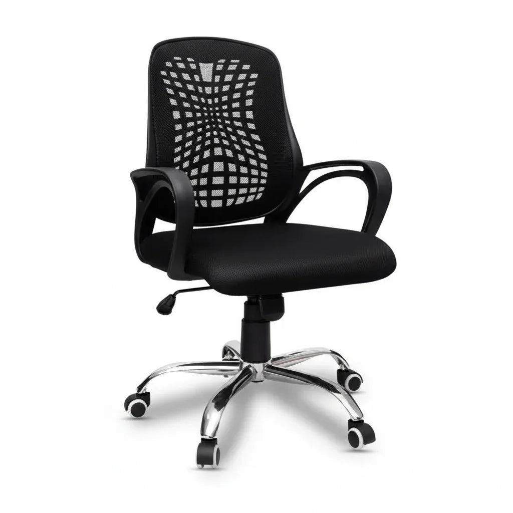 Black office chair with grid-pattern back, padded seat, armrests, and chrome caster base