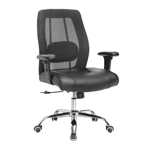 Black office chair with padded armrests, swivel base, and casters