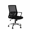 Black office chair with mesh back, padded seat, armrests, and rolling caster base