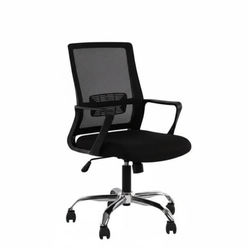 Black office chair with mesh back, padded seat, armrests, and rolling caster base