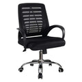 Black office chair with mesh backrest, padded seat, armrests and rolling casters
