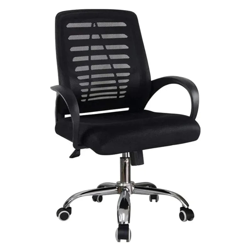 Black office chair with mesh backrest, padded seat, armrests and rolling casters