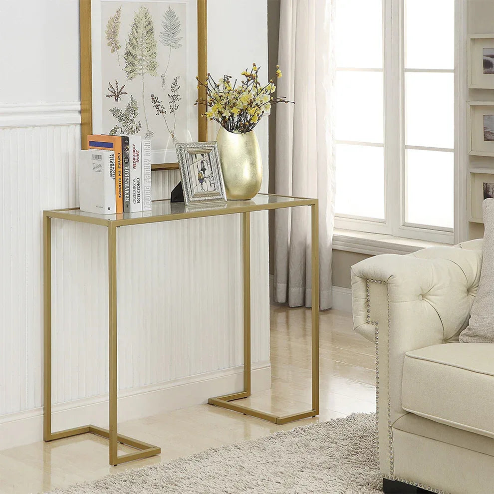 Console table with gold metal frame and clear glass shelf, 100x35x90 cm