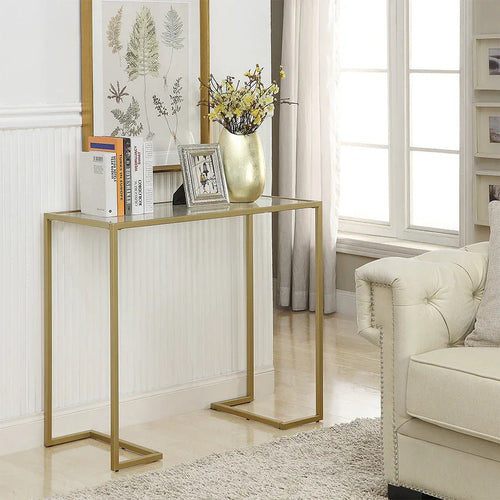 Console table with gold metal frame and clear glass shelf, 100x35x90 cm