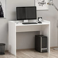 White MDF desk with open shelf, flat screen monitor and keyboard; compact CPU storage below.