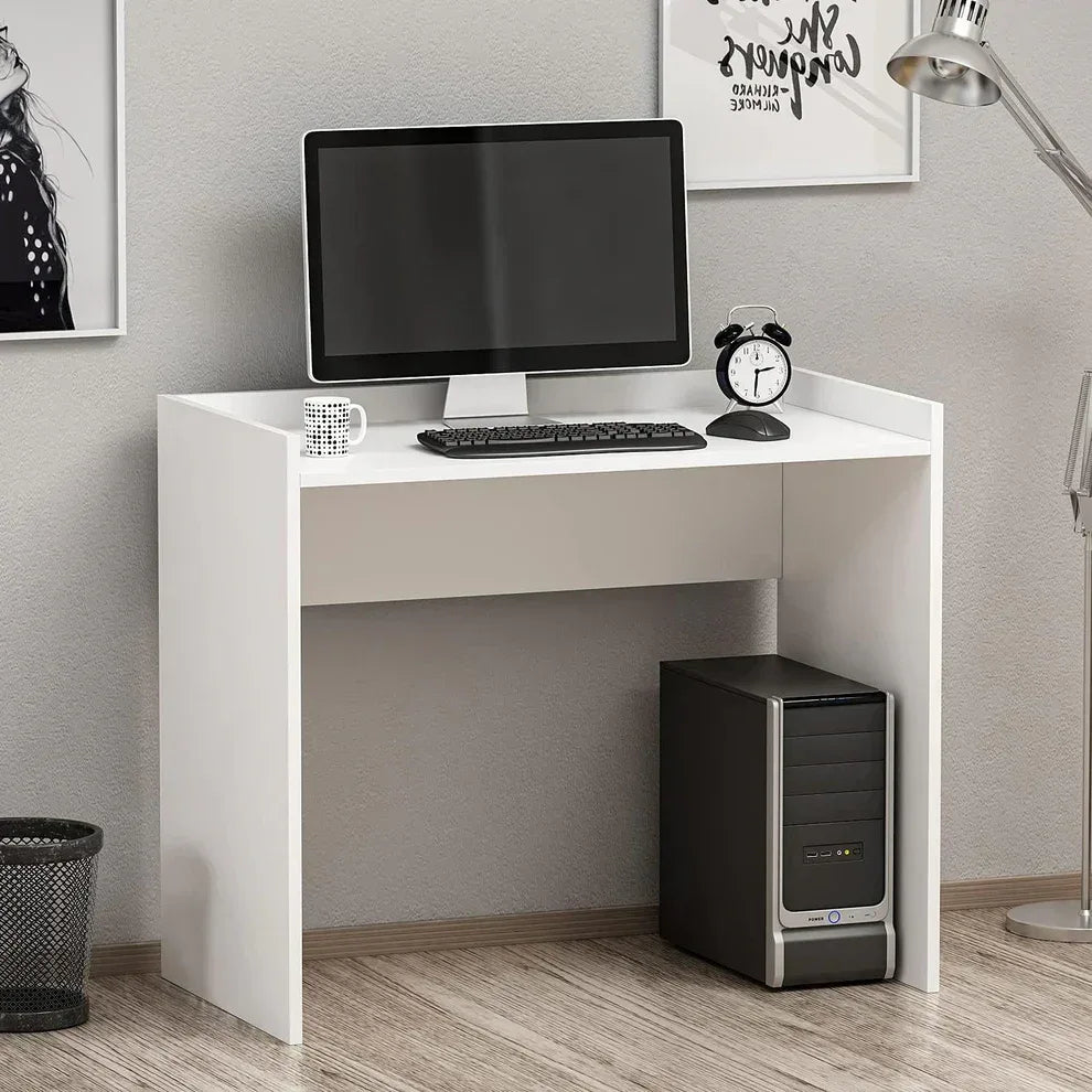 White MDF desk with open shelf, flat screen monitor and keyboard; compact CPU storage below.