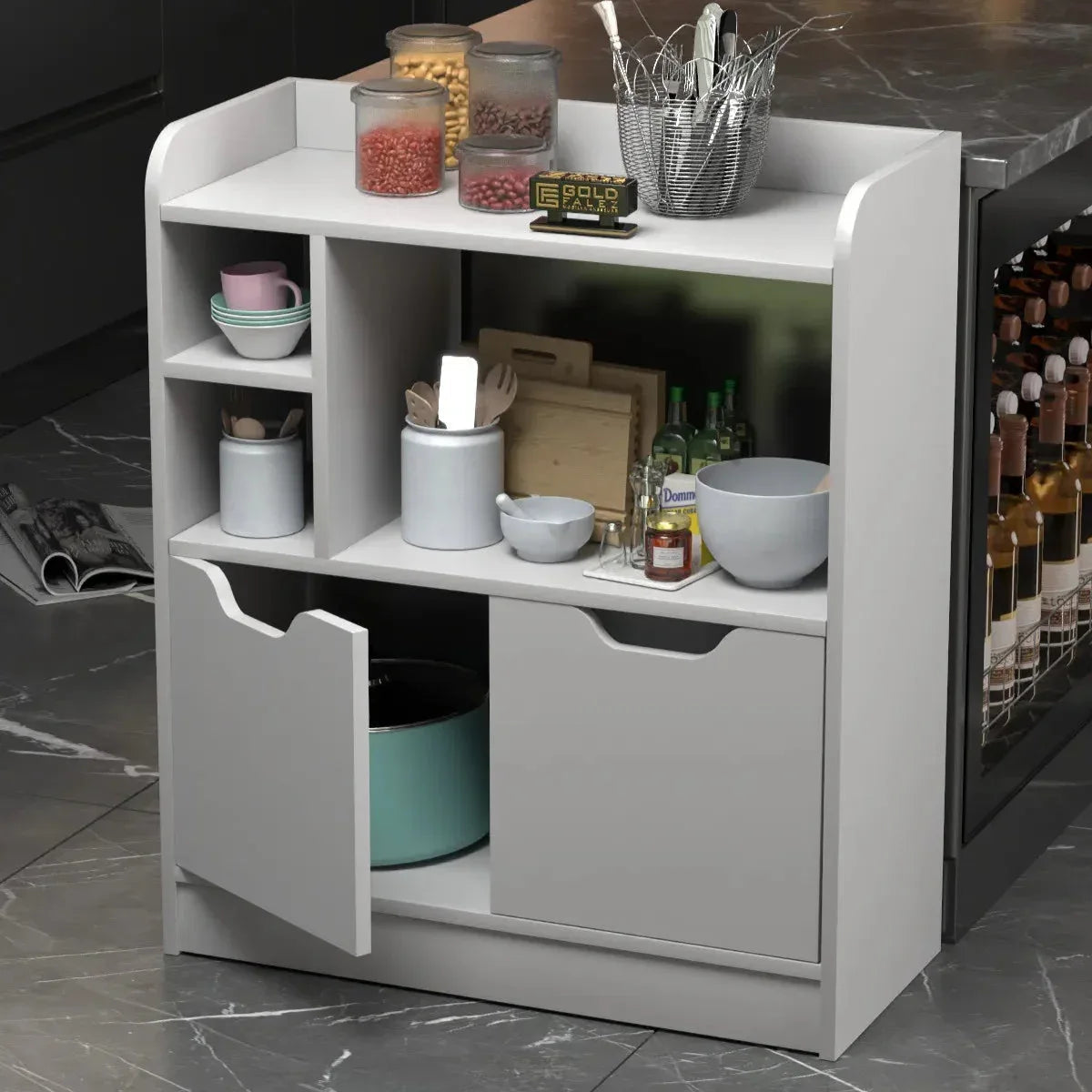 White coffee corner cabinet: open shelves and lower double doors