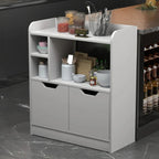 White MDF coffee corner with open shelving, two doors, and black handle pulls