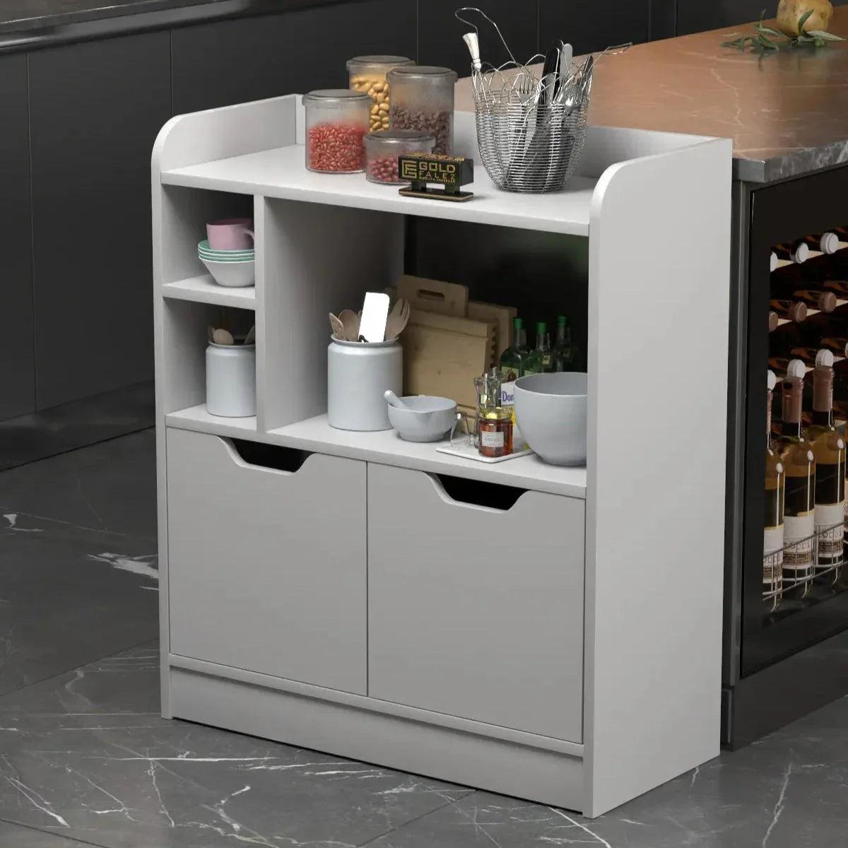 White MDF coffee corner with open shelving, two doors, and black handle pulls