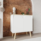 White MDF coffee corner cabinet, two-door arched top, light wood legs