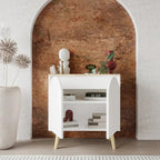 White MDF coffee corner cabinet with open shelf space, arched top, light wood legs