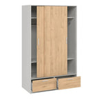Open MDF wardrobe with light wood-effect door, side shelves, and two bottom drawers