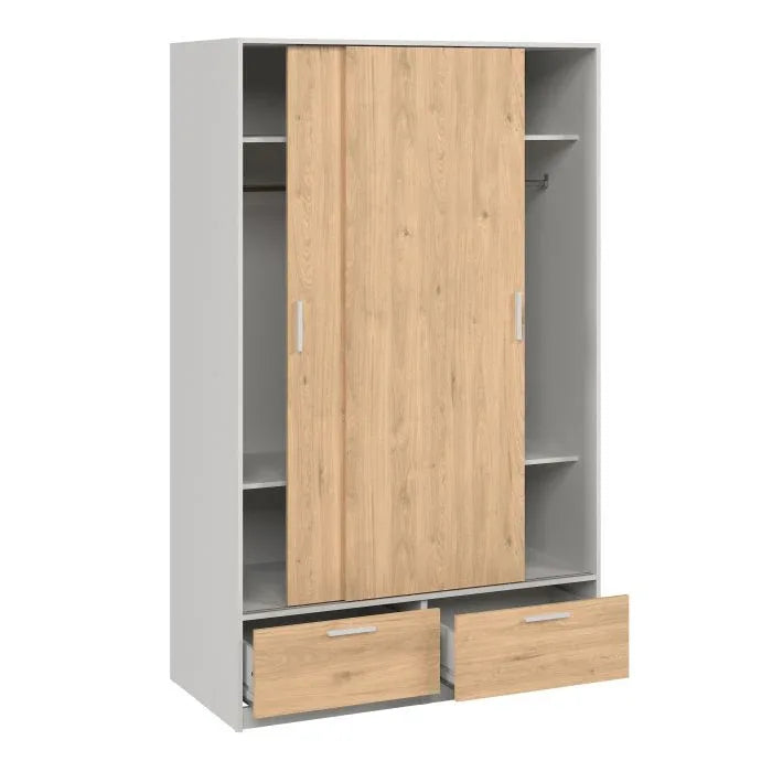Open MDF wardrobe with light wood-effect door, side shelves, and two bottom drawers