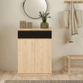 Light wood MDF shoe cabinet with dark drawer and two front doors