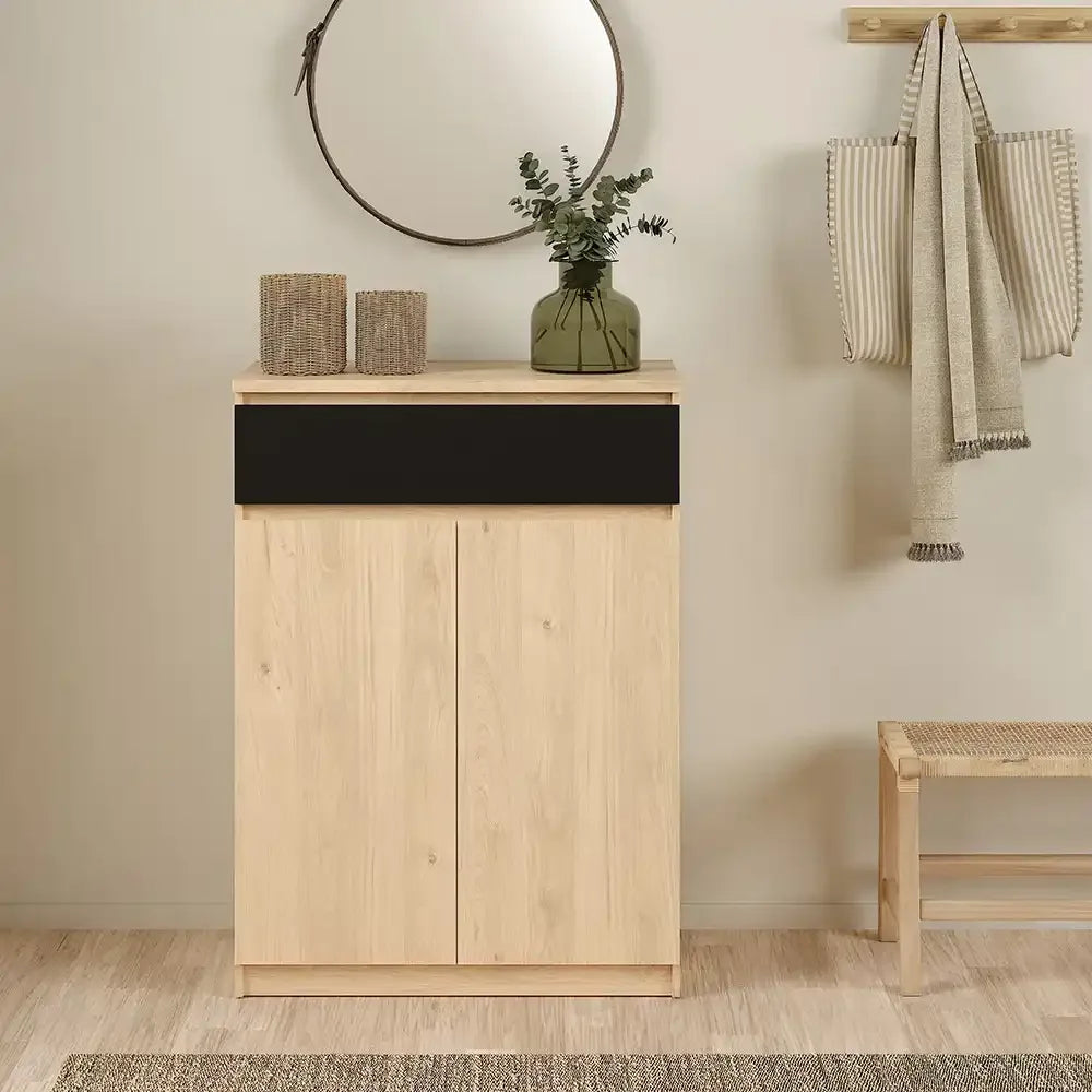 Light wood MDF shoe cabinet with dark drawer and two front doors