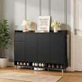 Shoe cabinet with hinged doors and open bottom rack, dark finish