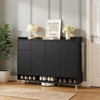 Shoe cabinet with hinged doors and open bottom rack, dark finish
