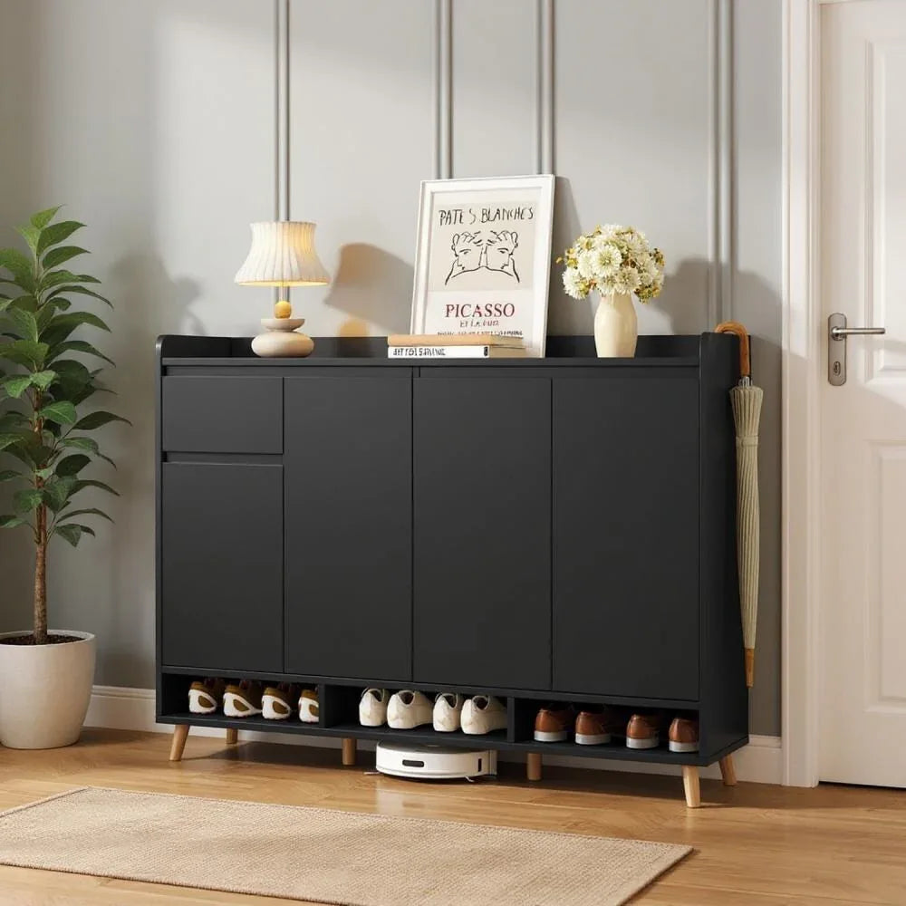 Shoe cabinet with hinged doors and open bottom rack, dark finish
