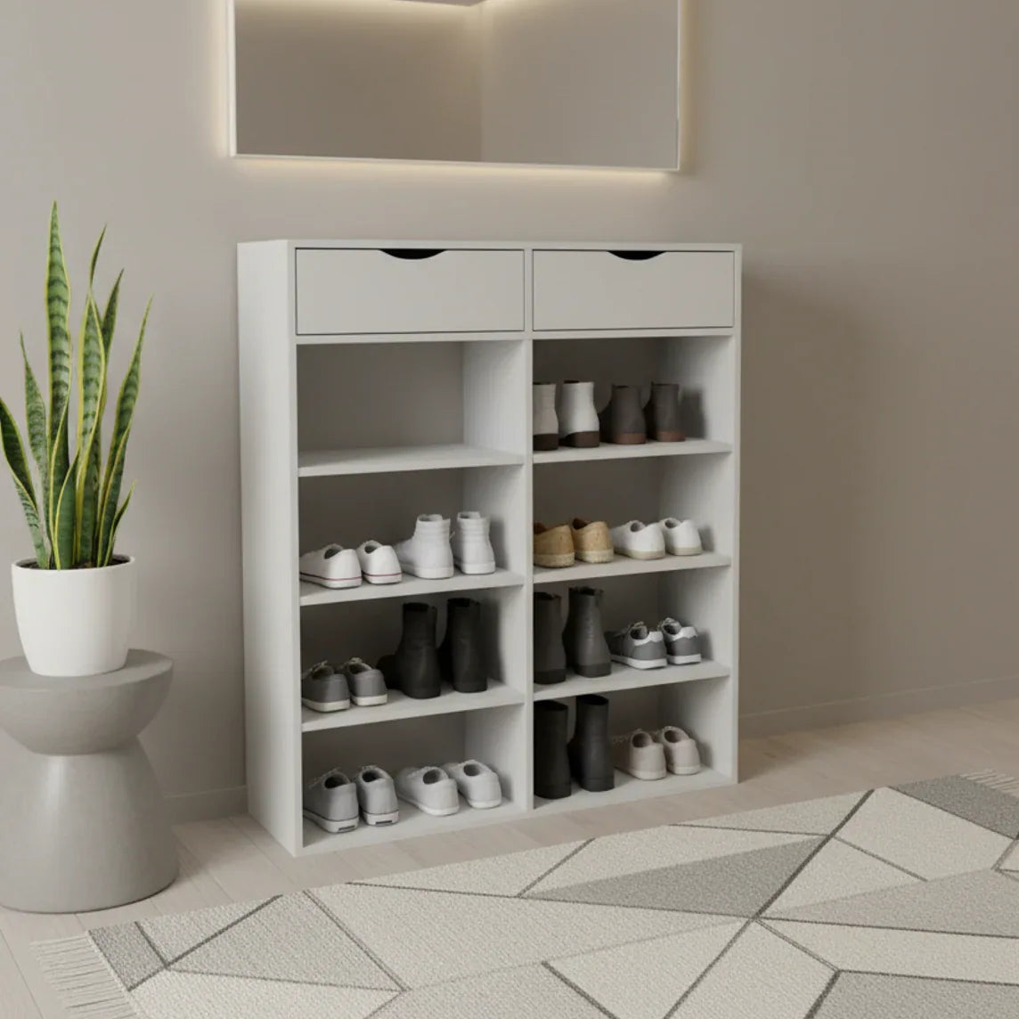 White MDF shoe cabinet with open shelves and two top drawers, tall organizer