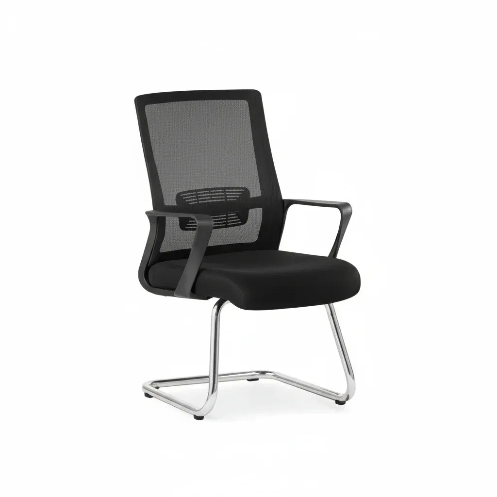 Comfort side chair with black mesh back, black padded seat, and chrome sled base