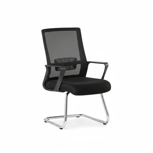 Comfort side chair with black mesh back, black padded seat, and chrome sled base
