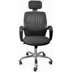 Black manager chair with padded headrest, seat, armrests, and patterned back support