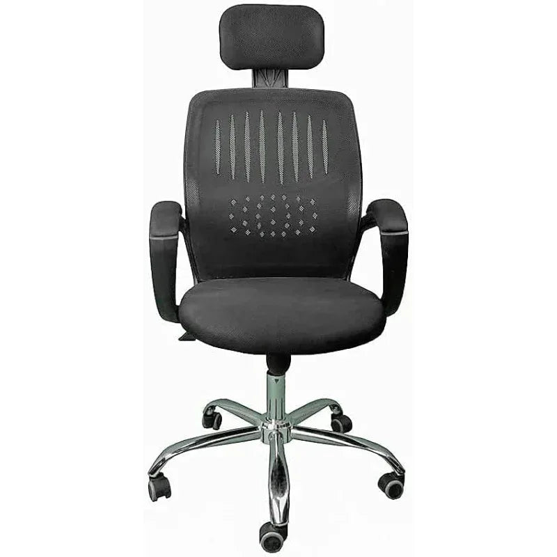 Black manager chair with padded headrest, seat, armrests, and patterned back support