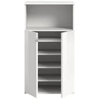 Open white MDF shoe cabinet with interior shelves and upper cubby