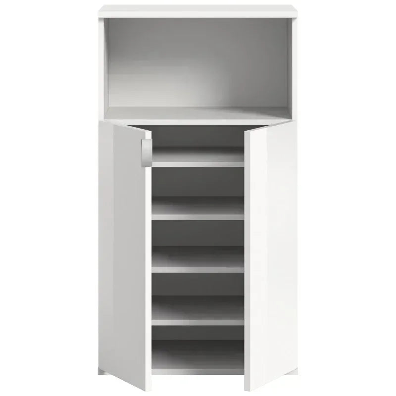 Open white MDF shoe cabinet with interior shelves and upper cubby