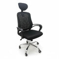 Black manager office chair with mesh back, curved armrests, and swivel chrome base