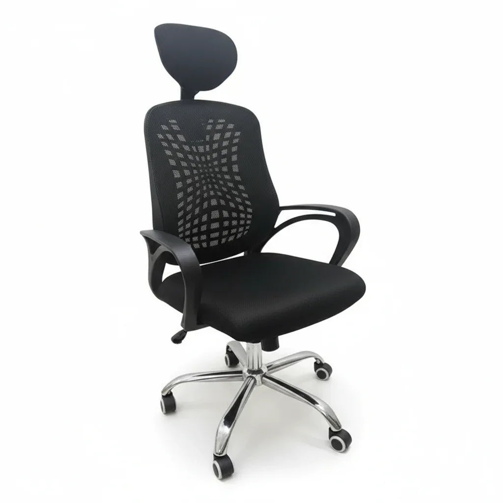Black manager office chair with mesh back, curved armrests, and swivel chrome base